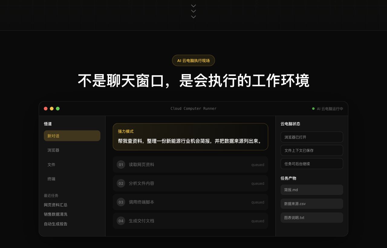 悟道 AI 云电脑使用浏览器、文件、终端并生成任务产物